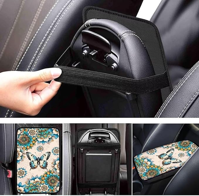 Butterfly Boho Center Console Cover for Car Soft Waterproof Armrest Cover Cushion Mandala Floral Armrest Seat Box Cover Protector for Most Vehicle SUV Truck Carssa