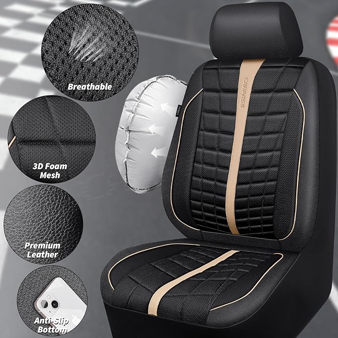 CAR PASS 3D Air Mesh Seat Covers for Car, Leather Car Seat Cover Front Seats, Breathable Foam Premium Leather Mesh Front Seat Covers Universal Fit for Cars Sedans Trucks Vans SUVs, Black Beige