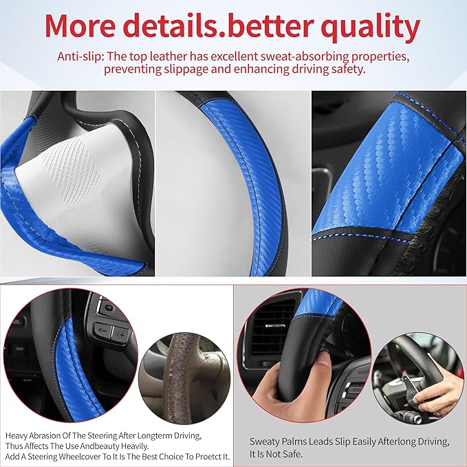 Non-Slip Car Nappa Leather Steering Wheel Cover,Universal Car Accessories Women Men Fit 14" 1/2-15" Suvs/Vans/Sedans/Cars/Trucks,Blue