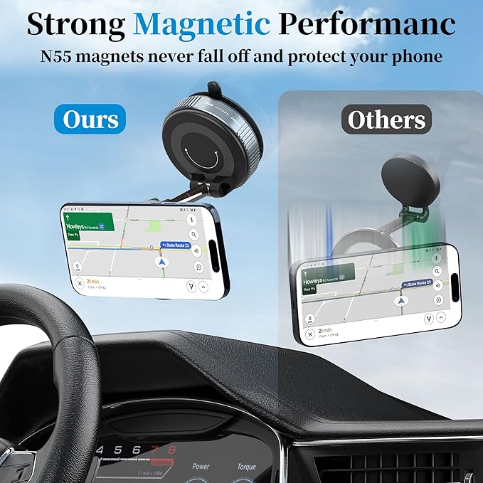 PlusAcc Vacuum Magnetic Phone Holder for Car, Suction Cup Phone Mount for MagSafe, 360°Rotatable Strong Magnet Stand for iPhone 16/15/14/13 in Smooth Surface (No Charging)