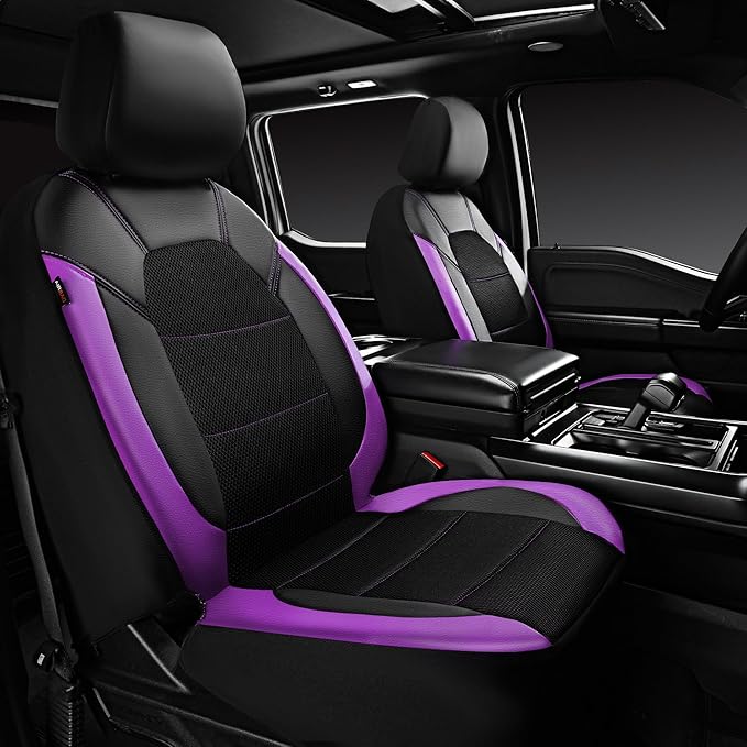 CAR PASS Leather Seat Covers, Breathable Universal Car Seat Cover Full Set for Cute Women Girly,Super 5mm Composite Sponge Inside,Airbag Compatible fits Most Auto,SUVs,Trucks,Vans(Black&Purple)