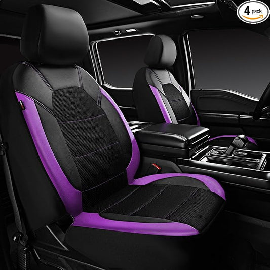 CAR PASS Leather Car Seat Covers Front Seats only, with Air Mesh Front Seat Covers Breathable, Cool Automotive Seat Covers 2 Pack, Universal Fit Most Cars,SUV,Truck,Van Airbag Compatible(Black Purple)