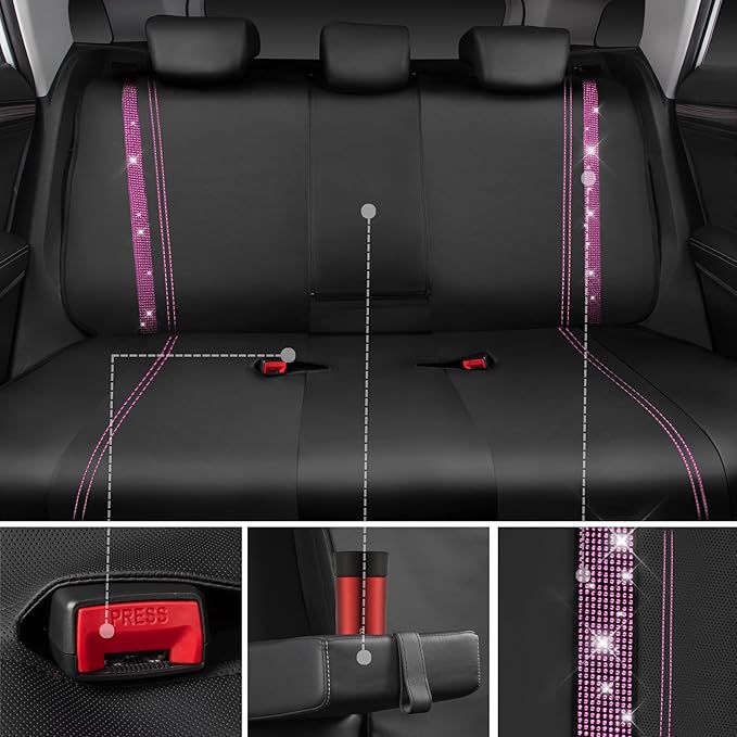 CAR PASS Bling Diamond Car Seat Covers Full Set, Shining Rhinestone Waterproof Faux Leather, Rear with Zipper, Universal Fit Automotive Glitter Crystal Sparkle Strips for Women Girl, Black Pink