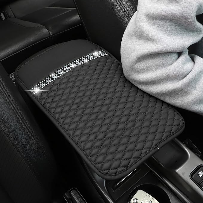 Bling Leather Car Armrest Box Cover,Car Center Console Protector with Colorful Crystal Rhinestones,Anti-Scratch Waterproof Car Armrest Seat Pad for Most Car,SUVs,Trucks (Black)
