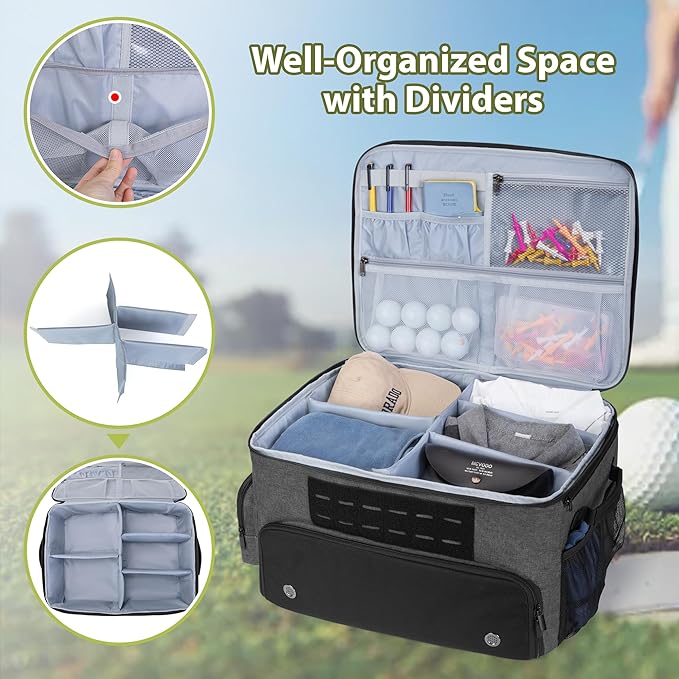 GOBUROS Golf Trunk Organizer Storage with Separate Compartment for 2 Pair Shoes Up to US Mens 16, Golf Car Locker Organizer for Balls, Tees, Clothes, Gloves, Accessories, Grey