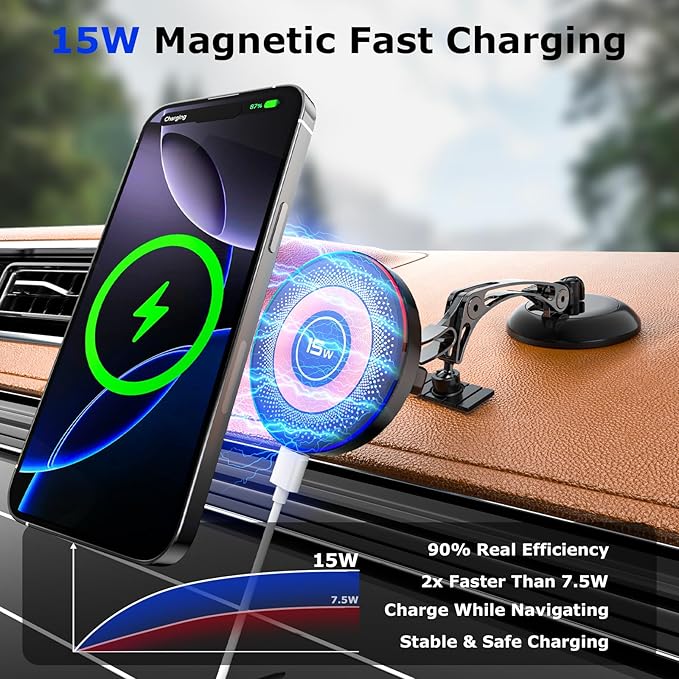 Magnetic for MagSafe Car Mount 15W Wireless Charging, Magnetic Phone Holder for Car with Vacuum, 360°Adjustable Metal Head &Extension Rod, Cell Phone Holders for Your Car for iPhone17/16/15/14/13/12