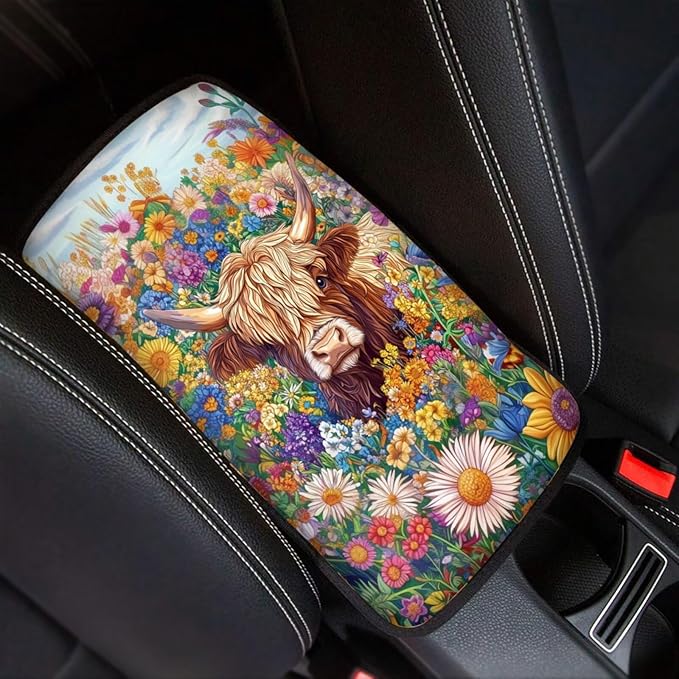 Dreaweet Highland Cow Car Accessories Center Console Cover Soft Armrest Cover for Car Truck SUV Center Console Cushion Pad Car Armrest Seat Box Cover Protector