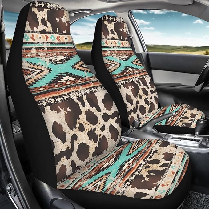 Car Seat Covers Front Seats Only for Women Men Auto Seat Covers Set of 2 Pack Bucket Cover for Cars SUV Truck Sedan, Easy to Install（Aztec Ethnic Cow Leopard Print 83）