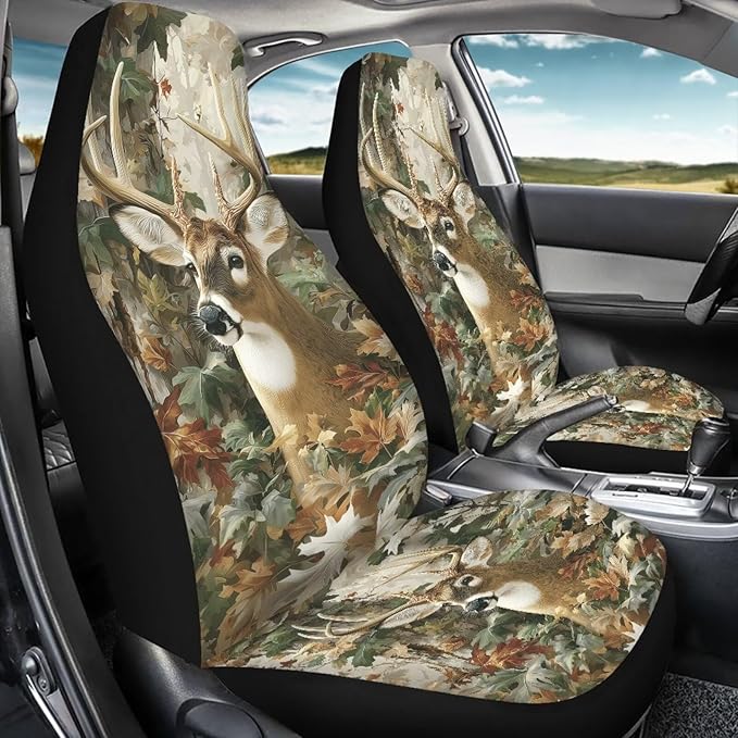 KEIAHUAN Camo Hunting Deer Car Front Back Seat Covers Front Bucket Seat Cover & Rear Bench Seat Protector Anti-Slip High Back Automotive Seat Covers Fit Most Vehicle Truck,SUV