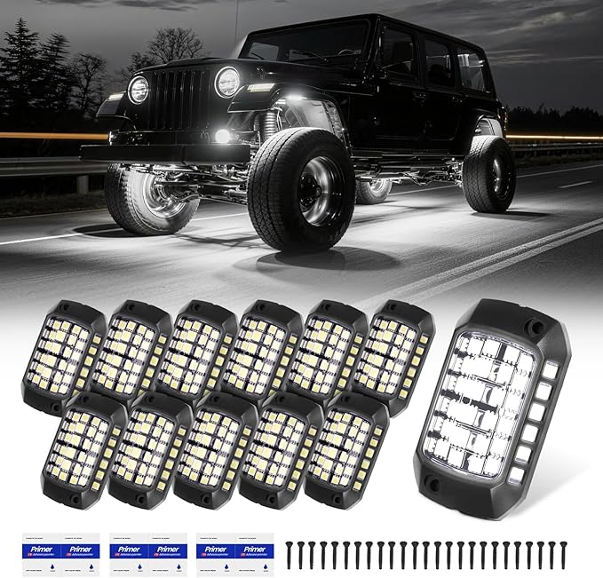 maXpeedingrods 12 Pods White Rock Lights 400LM 6000K, High Bright 432 SMD 5050 Chips with 43cm Wires, LED Underglow with Waterproof 3D Lens for Off-raod Truck Golf Cart Car Boat Motorcycle