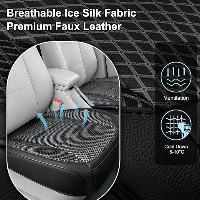 2 Pack Black Ventilated Bottom Car Seat Cover, 3D Air Mesh Breathable Front Leather Car Seat Protectors, Universal Fit Automotive Comfortable Seat Cushion with Storage Pocket for Car Truck SUV