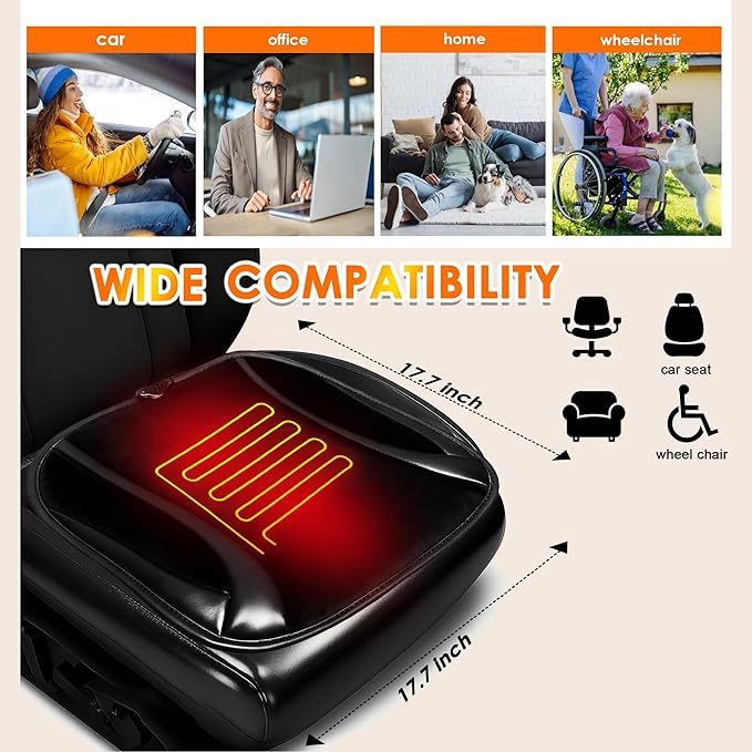 Car Seat Cushion for Driving - Soft Plush Front Seat Cover for Car, Truck, SUV, Office Chair, Wheelchair | Adjustable Straps & Anti-Slip Bottom | Comfortable (Black- Leather)