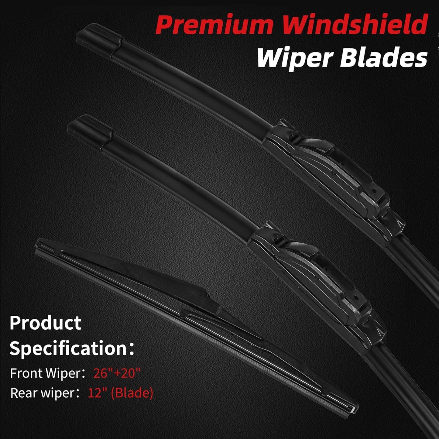 OTUAYAUTO Premium Windshield Wiper Blades - Replacement for Toyota Highlander 08-19, Lexus GX460 11-21, All-Weather Performance, Front and Rear Wiper Blades, U Hook - 26"+20"+12" (Pack of 3)
