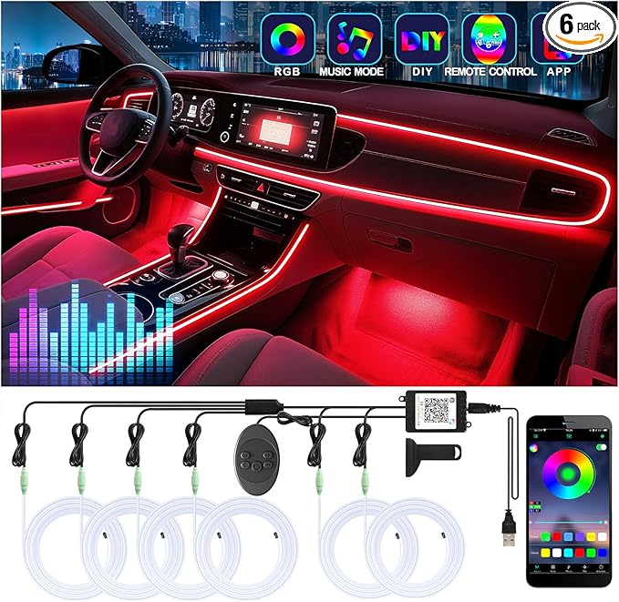6 in 1 Car Led Strip Lights with App Control, RGB Colors Interior Car Lights, Ambient Led Lighting Kit, 4 Light Flashing Modes, USB Neon Accessories for Doors, Center Console