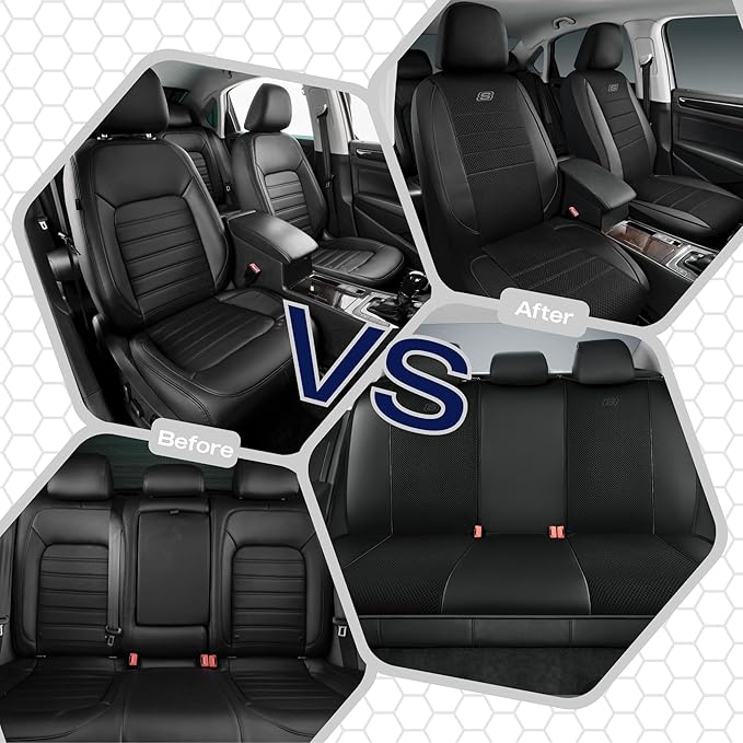 Skechers Air-Cooled Memory Foam Seat Covers,Mesh Thick Car Seat Covers,Piping Leather Car Seat Cover,Airbag Compatible,Automotive Comfort for Most Cars, Vans, Trucks, SUV(Black, Full Set)