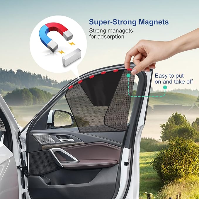 Car Window Shades, 2Pack Magnetic Front Car Window Cover, Half Blackout & Half See-Through Driver Side Window Sun Shade for Eating/Breastfeeding/Taking a Nap/Clothes Changing/Camping