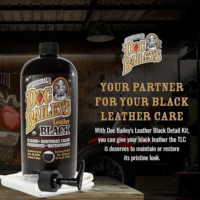 Doc Baileys Leather Black Care -Premium Quality All In One Leather Cleaner, Conditioner, Waterproofer & Protectant - For your Car, Bike, Horse Tack, Home Decor and Other Leather Needs 32oz Bottle