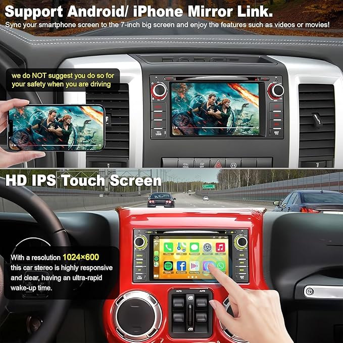 Car Radio Stereo with CD/DVD Player for Dodge RAM 1500 2500 3500 (2009-2012), for Jeep Wrangle/Unlimited (2007-2015),7 Inch Head Unit with CarPlay & Android Auto,Bluetooth & GPS Navigation