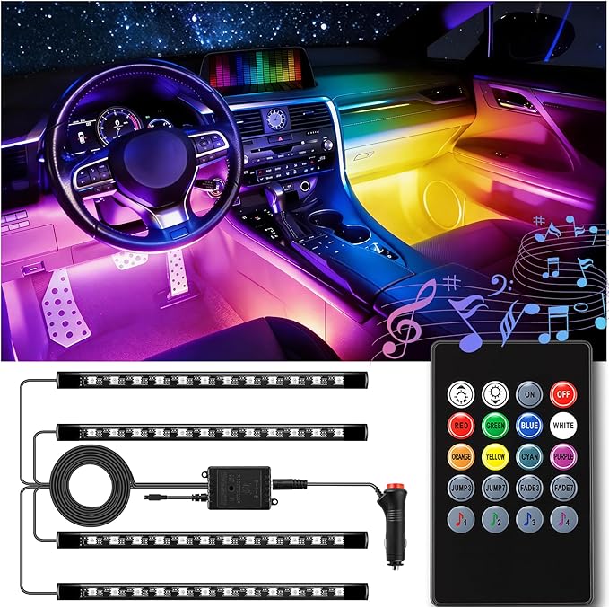 LivTee Car Led Interior Lights，4pcs 48 LED Multicolor Music Car Interior Accessories Under Dash Lighting Waterproof Kit with Sound Active Function and Wireless Remote Control, Car Charger Included