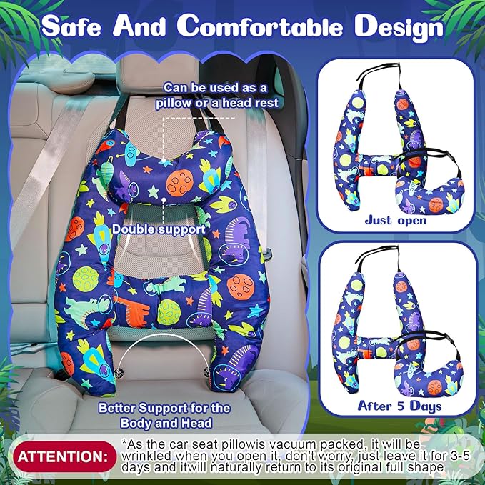 Chunful H-Shape Car Seat Pillow for Kids Car Travel Pillow for Kid Children Vehicle Sleeping Head Support Back Seat Adjustable Head Neck and Shoulder Support for Long Trips Sleeping(Dinosaur)