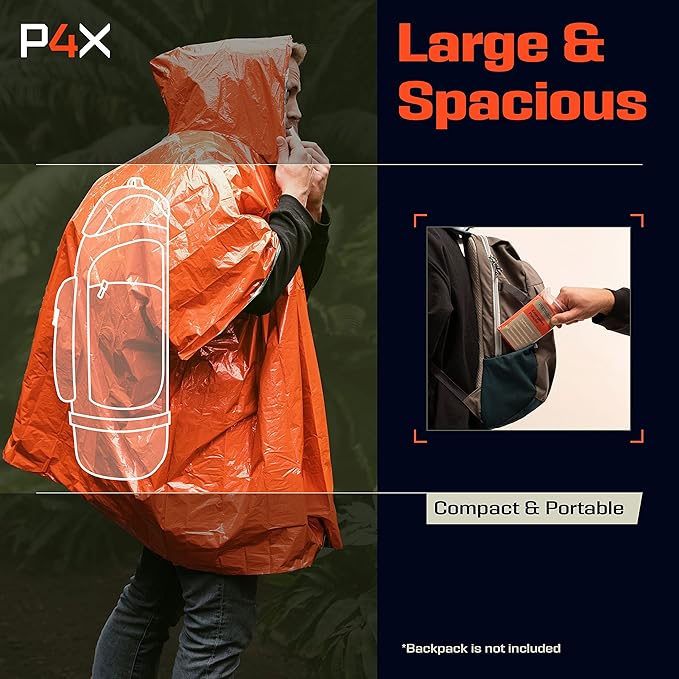 PREPARED4X Emergency Mylar Poncho – Survival Rain Poncho with Hood – Lightweight, Compact, Reusable Emergency Blanket Poncho for Hiking, Camping, Thermal Gear, Car Kit, Outdoors