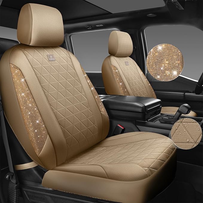 CAR PASS Beige Oxford Bling Diamond Car Seat Covers Full Set Interior Sets, Waterproof Shining Glitter Sparkly Crystal Universal Armrest Fit 95% Automotive Truck SUV Cute Women Girl, Beige Rhinestone