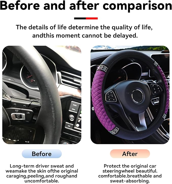Bling Car Steering Wheel Cover, 15 Inch Rhinestones Soft Leather Elastic Steering Wheel Protector, Sparkly Crystal Diamond for Women Girls, Car Interior Accessories for Most Cars (Purple)