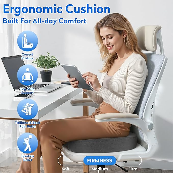 Seat Cushion, Office Chair Cushions, Car Seat Cushion, Non-Slip Sciatica & Back Coccyx Tailbone Pain Relief Chair Pad, Memory Foam Butt Pillow for Computer Desk, Wheelchair, Driving (Grey)