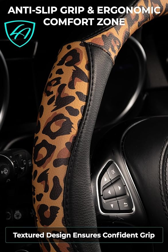 Lord Autofashion Steering Wheel Cover – PU Leather, Non-Slip Rubber Inner, All-Season Comfort – 14.5–15 Inch (Black/Leopard 8684)