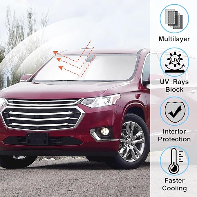 Windshield Sun Shade Custom Fit for 2018-2023 Chevrolet/Chevy Traverse Accessories Foldable Sunshade Sun Blocker Protect Car from Sun Rays & Heat Damage Keep Car Cooler