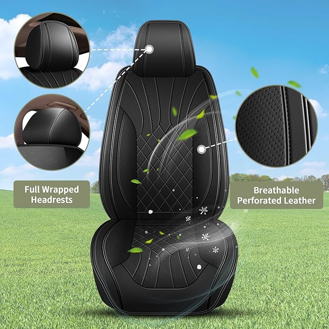 Full Set Car Seat Covers for Honda Pilot 2005-2016: Breathable Perforated Leather Seat Cover (Black)