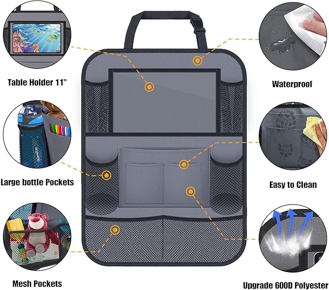 ULEEKA Car Backseat Organizer with 11" Table Holder, 10 Storage Pockets Seat Back Protectors Kick Mats for Kids Toddlers, Travel Accessories, 2 Pack, Gray