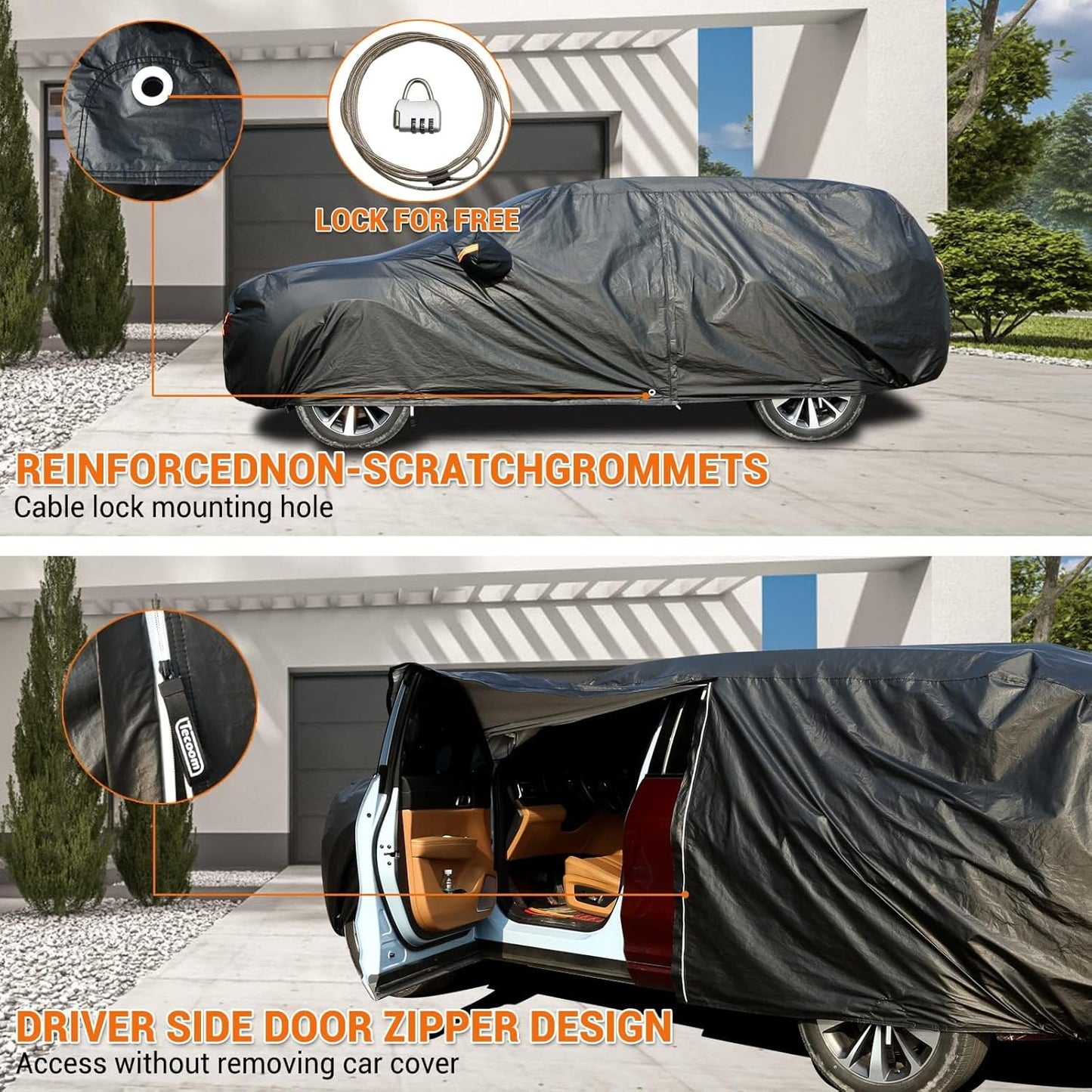 Tecoom Car Cover Waterproof All Weather, 3 Layers Car Covers for Automobiles with Lock/Zipper Door, Thick Fleece Lining UV Snow Rain Hail Protector Car Cover, Universal Fit for SUV (191-205 Inch)