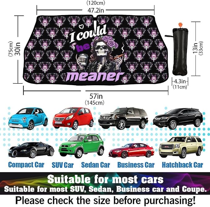 Socira I Could Be Meaner Funny Skull Car Windshield Sunshade Umbrella Foldable Umbrella Sun Shade Windshield Cover Sunshade Car Accessories Blocks Uv Rays Keeps Cool (57" X 30")