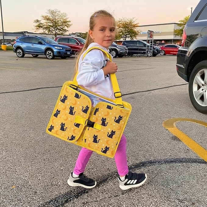 MENZOKE Kids Travel Tray for Toddler Car Seat, Toddler Gift for Boy Activities with iPad Holder Stand & Storage Pockets, Road Trip Essentials Accessories Lap Tray as Travel Gifts for Kid, Yellow
