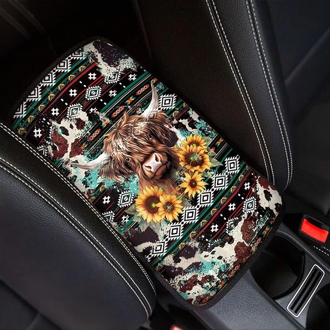 UNICEU Southwestern Cowhide Highland Cow Auto Center Console Pads Comfortable Non Slip Car Armrest Storage Box Mat Universal Fit Auto Interior Accessories for Women Men