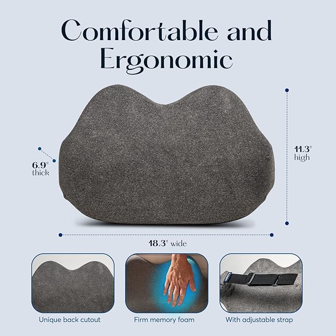 SUTERA Low Back Pillow - Proper Posture Lumbar Support Pillow for Office Chair or Car Seat for Back Support, Superior Memory Foam Cushion for Back Pain Relief from Sitting (18.3x11.3x6.9 inches)