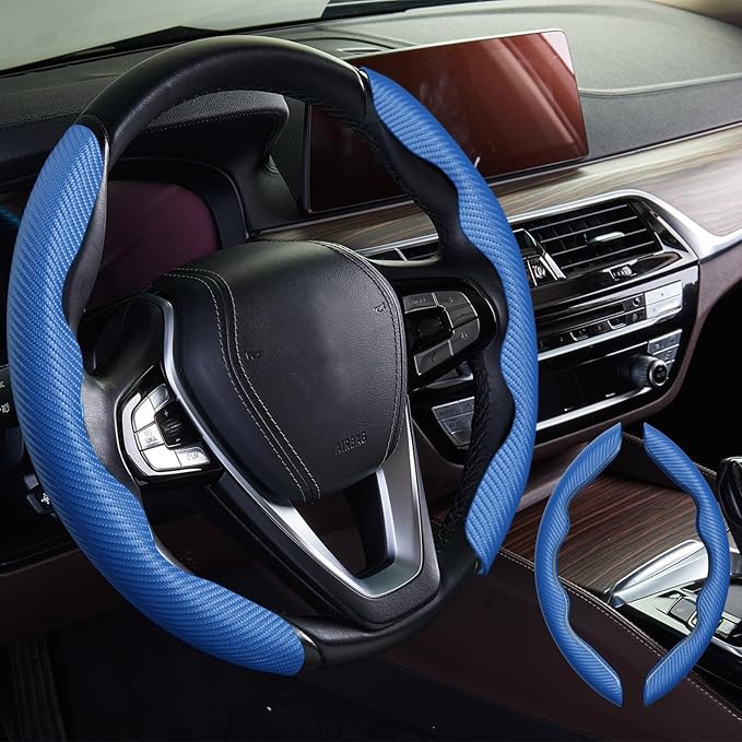 WOCOCN 2pcs Car Steering Wheel Cover,Anti-Skid Carbon Fiber Steering Wheel Protector for Men Women,Multiple Color Options,Universal for Most Car Interiors Accessories (Bule)
