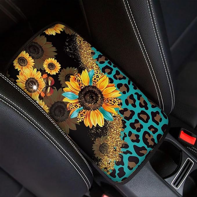 JoyLamoria Sunflower Leopard Car Center Console Armrest Cover Non Slip Auto Arm Rest Cushion Pads Armrest Protector Car Interior Accessories