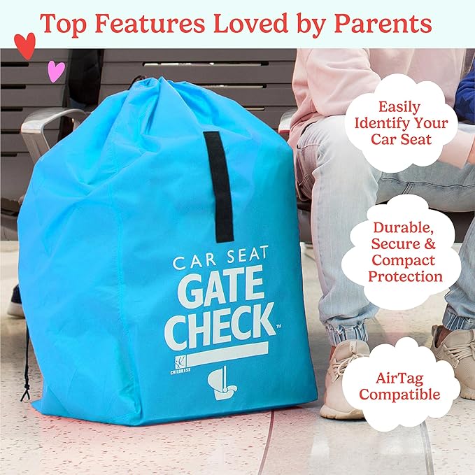 J.L. Childress Gate Check Travel Bag for Car Seats - Car Seat Travel Bag for Airplane, Includes AIRTAG Holder, Fits All Baby Carriers, Infant Carriers & Child Booster Seats - Neon Blue