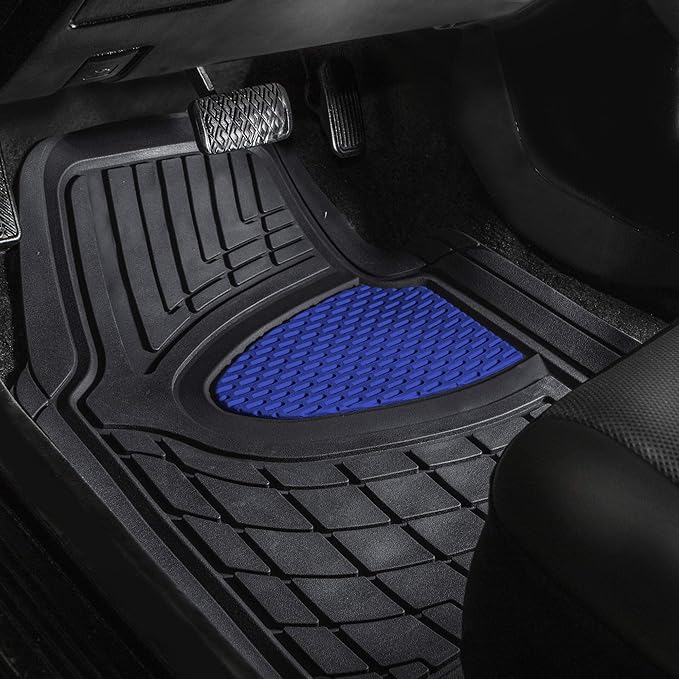 FH GROUP Car Seat Covers Premium Tall Channel Rubber Trimmable Floor Mats w. FH3001 Snake Pattern Silicone Steering Wheel Cover- Universal Fit for Trucks, SUVs, and Vans (Blue/Black) F11311