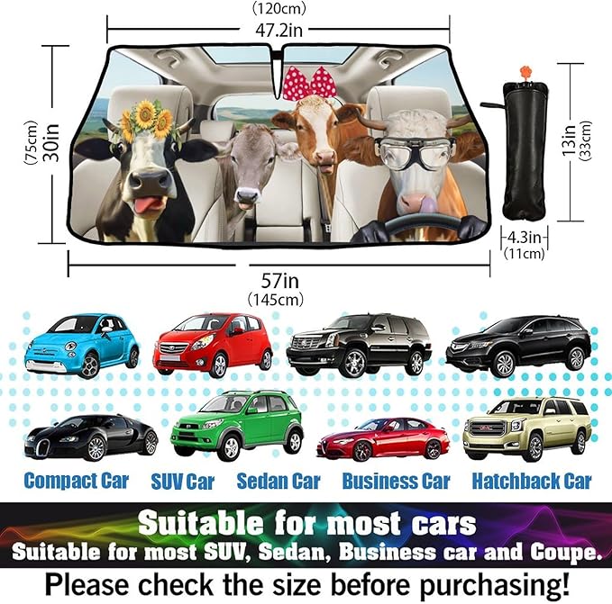 CHILLTEK Funny Animal Car Windshield Sun Shade, Cute Cow Car Sun Shade, Block UV Rays Heat Foldable Windshield Umbrella Sun Visor Protector - Keep Vehicle Cool for Cars SUV