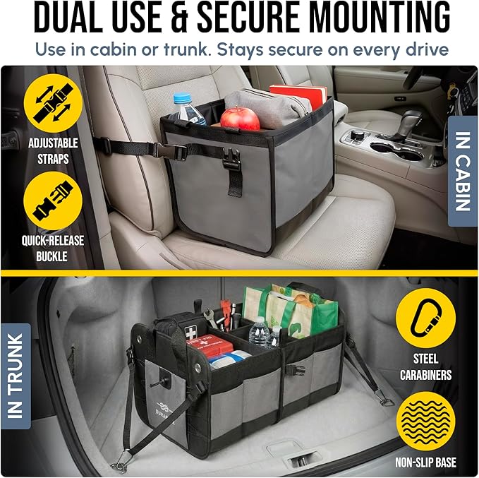 Modular 4-Section XL Trunk Organizer – Car Storage for Groceries, Tools, Sports Gear, Emergency Kits – Extra Large Multi-Compartment Cargo Box, Collapsible & Heavy Duty – Gray