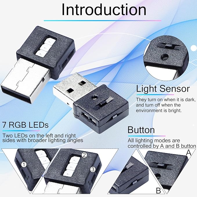 Lcyam Three Sides Emit Light USB Type-A Car LED Ambient Light 7Leds RGB Atmosphere Lamp, Interior Dimmable Mood Lighting for Cars/SUV/Trucks