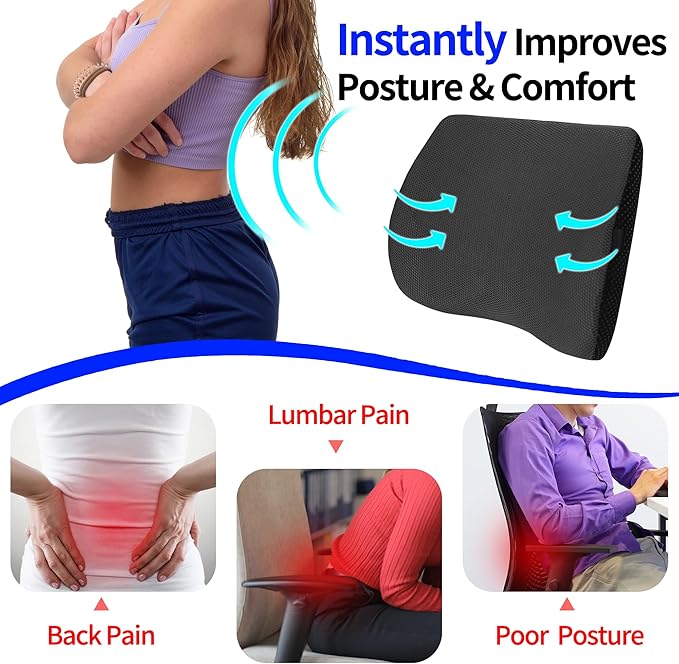 Lumbar Support Pillow for Car, Lower Back Support for Driving Seat Memory Foam Lumbar Pillow for Office Chair - Back Pain Relief for Car Seat, Wheelchair (Black)