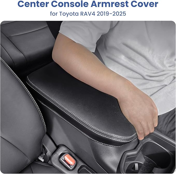 Center Console Cover for Toyota RAV4 2019-2025, Upgraded PU Leather Armrest Cover for RAV4 Adventure/Hybrid/XLE/LE/Limited/TRD Off-Road/Premium/XLE Premium (Gray Stitching)
