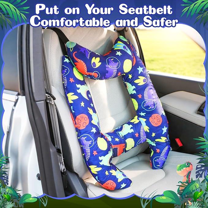 Chunful H-Shape Car Seat Pillow for Kids Car Travel Pillow for Kid Children Vehicle Sleeping Head Support Back Seat Adjustable Head Neck and Shoulder Support for Long Trips Sleeping(Dinosaur)
