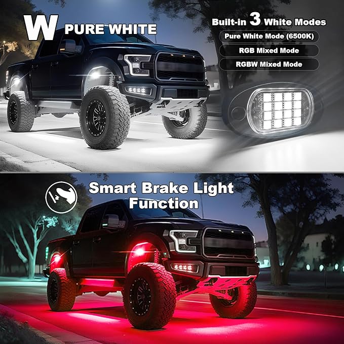 8 Pods RGBW LED Rock Lights Full Kit, 6500K Pure White (Not Mixed) & RGB Underglow for Jeeps Truck Golf Cart ATV UTV RZR Pickup, App/RF Remote Smart Brake Music Sync, Waterproof Offroad Underbody 12V
