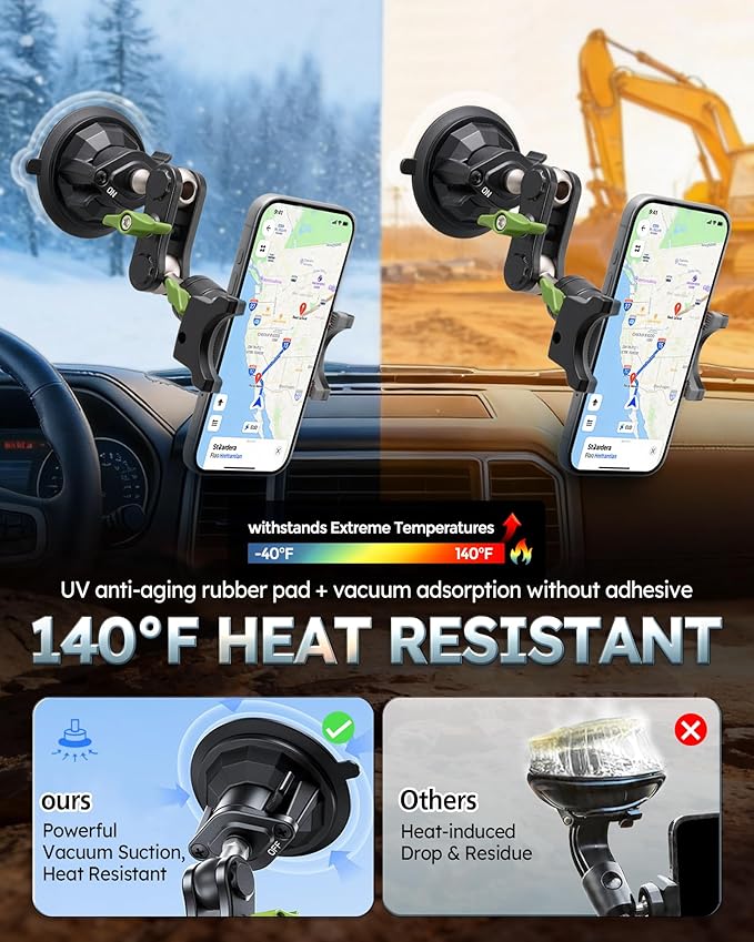 Heavy Duty Truck Phone Mount, Aluminum 360° Rotating Anti-shake Suction Cup Phone Mount, 14.5" Long Arm Metal Windshield Phone Holder for Car Truck Semi, Fits Thick Cases F-150 Silverado RAM Kenworth
