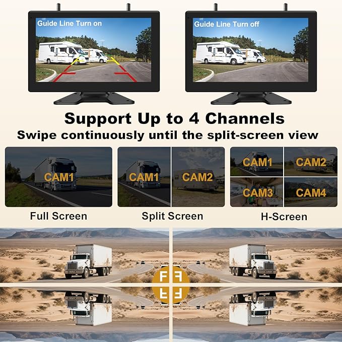 10'' Wireless Backup Camera System, 2 HD 1080P IP69 Waterproof Cameras with Large IPS Full Touch Screen 4 Channels Monitor, IR Night Vision Reverse Camera for RV Truck Trailer Camper